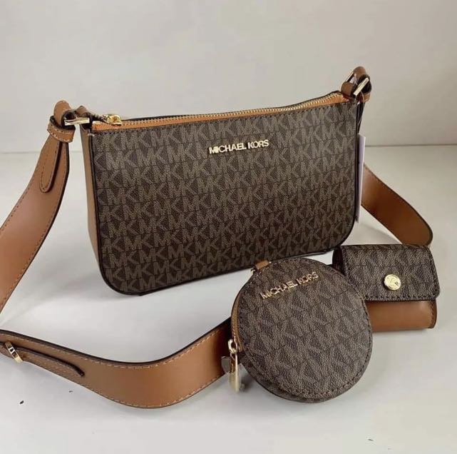 michael kors multi pochette with airpods case and coin case jet set brown  crossbody bag, Luxury, Bags & Wallets on Carousell