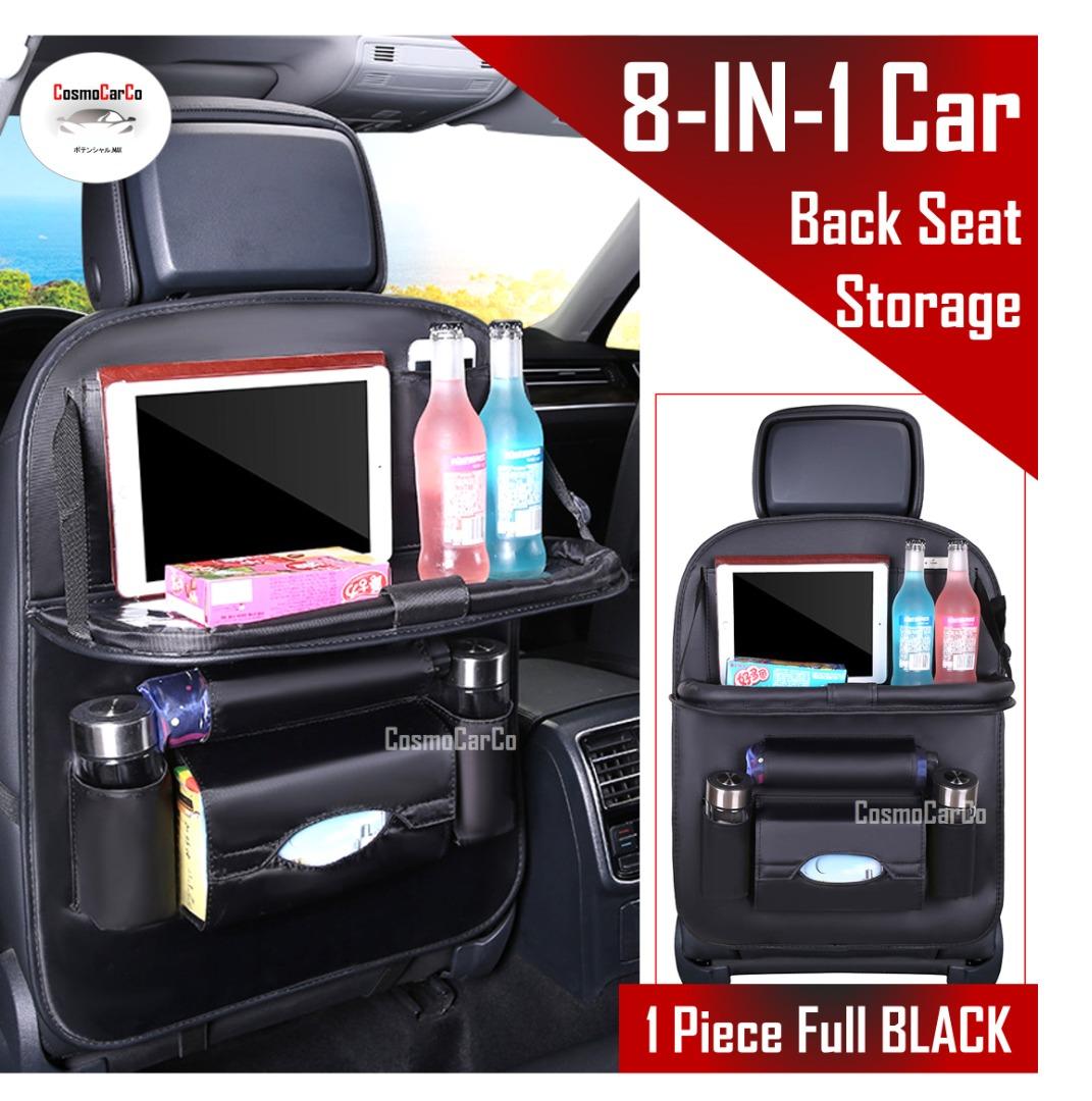 MULTIFUNCTION 8-IN-1 Car Back Seat Organiser With Dining Tray Backseat  Storage For Tablet Phone Water Bottle Umbrella Tissue Box Multi Pocket Bag  Hanging Pouch Organizer Automobile Accessories Accessory BLACK Leather 1  Piece