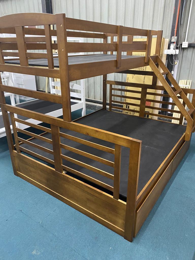 (MYFURNITURE) solid rubber wooden queen & single size bunk bed with 2