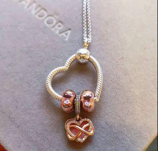 SALE🌈 AUTH PANDORA CHARMS ROSEGOLD HEART TILTED PINK CLIPS 1800 SET 2PCS -- ROSEGOLD INFINITY HEART DANGLE CHARM 980 -- HEART MOMENTS PENDANTS WITH CHAIN 2300