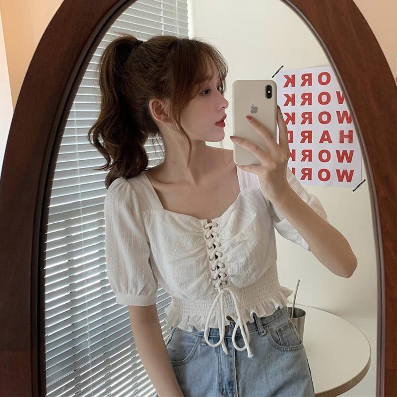 Square Neck Lace-Up Top, Women's Fashion, Tops, Shirts on Carousell
