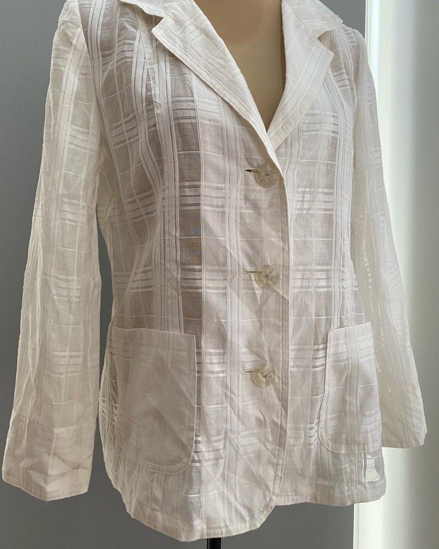 White blazer coat (Barong fabric) Preloved, Women's Fashion, Tops