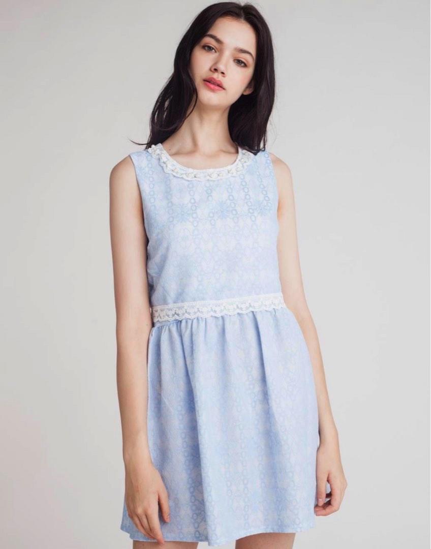Yoco Lace and Pearl Dress Blue, Fesyen Wanita, Pakaian Wanita, Gaun