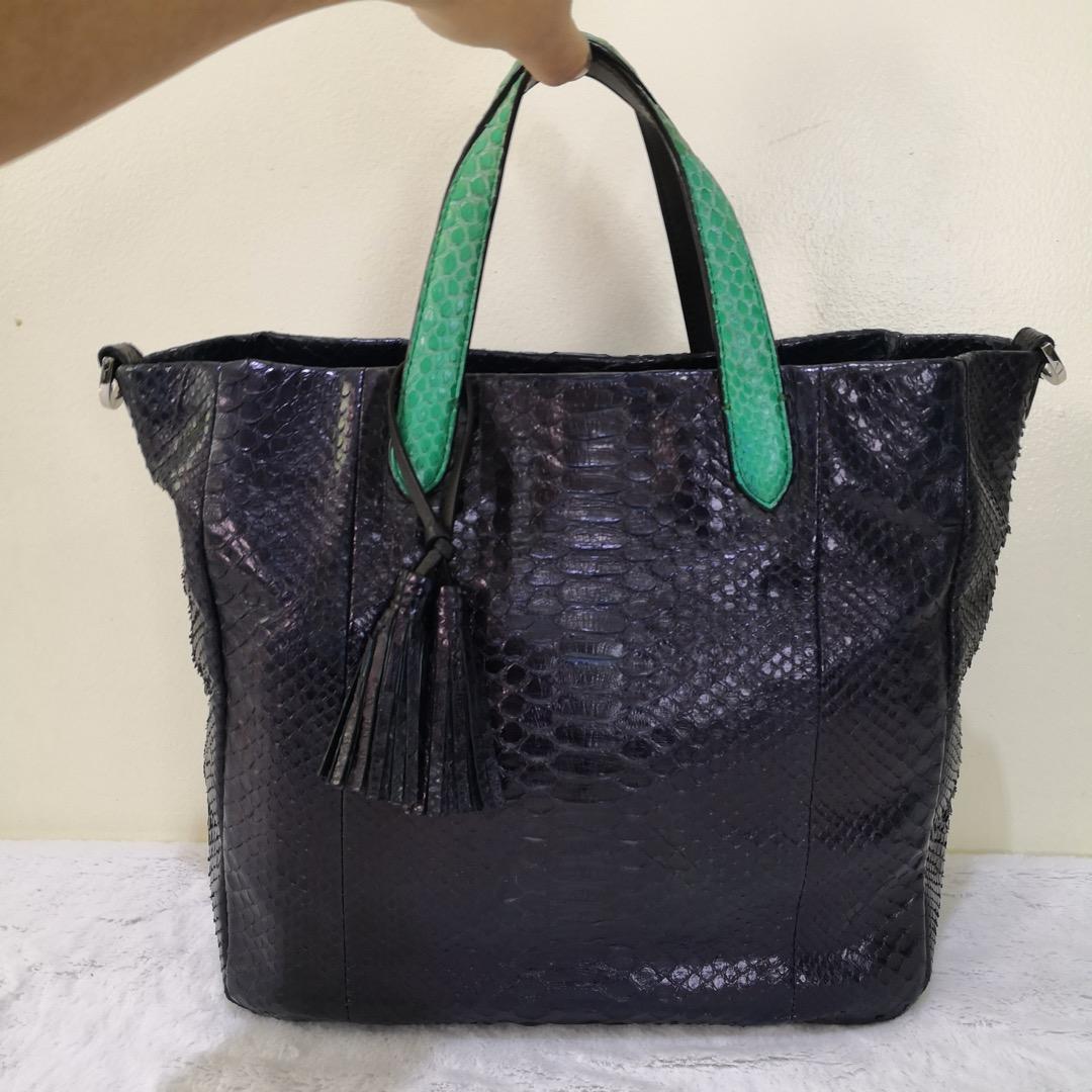 Zarmoi Dark Blue Python/Snakeskin Two-way Tote Bag, Women's Fashion ...
