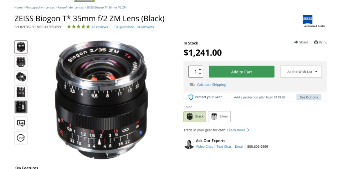 ZEISS Biogon T* 35mm f/2 ZM Lens (Black) M Mount with Voigtlander LH