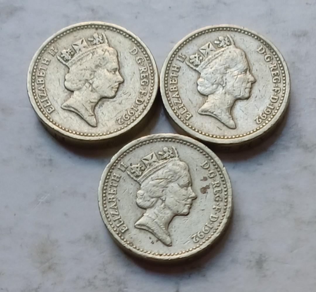 英國1992年1英鎊硬幣共3枚(品相實物如圖), 興趣及遊戲, 收藏品及紀念品, 錢幣- Carousell