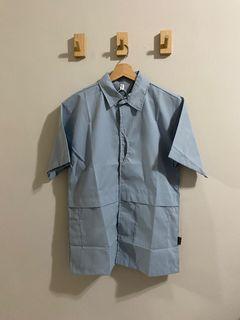 『全新』日系工裝短袖襯衫 灰藍 M