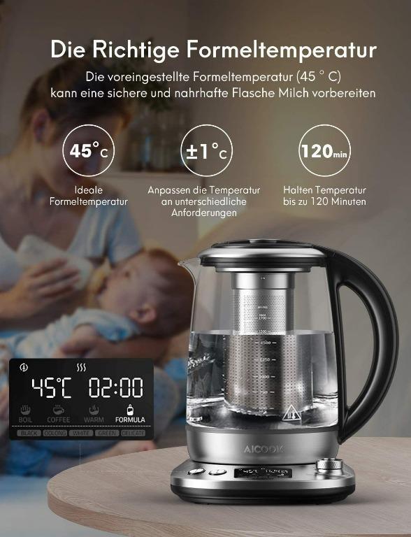 Aicook Electric Tea Kettle, Electric Kettle Temperature Control with 9 Presets, 2HR Keep Warm, Removable Tea Infuser,Silver Stainless Steel Glass