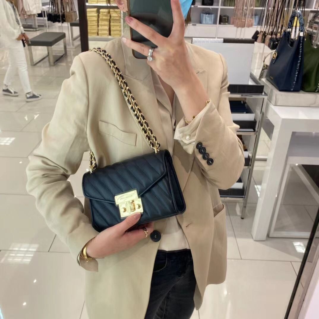 AUTHENTIC Michael Kors Rose Flap Shoulder Bag In Black With Gold