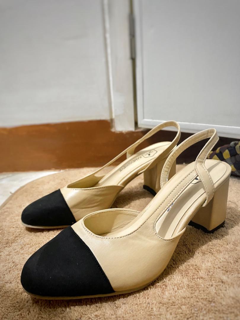 Black and Beige Heels Chanel dupe slingback