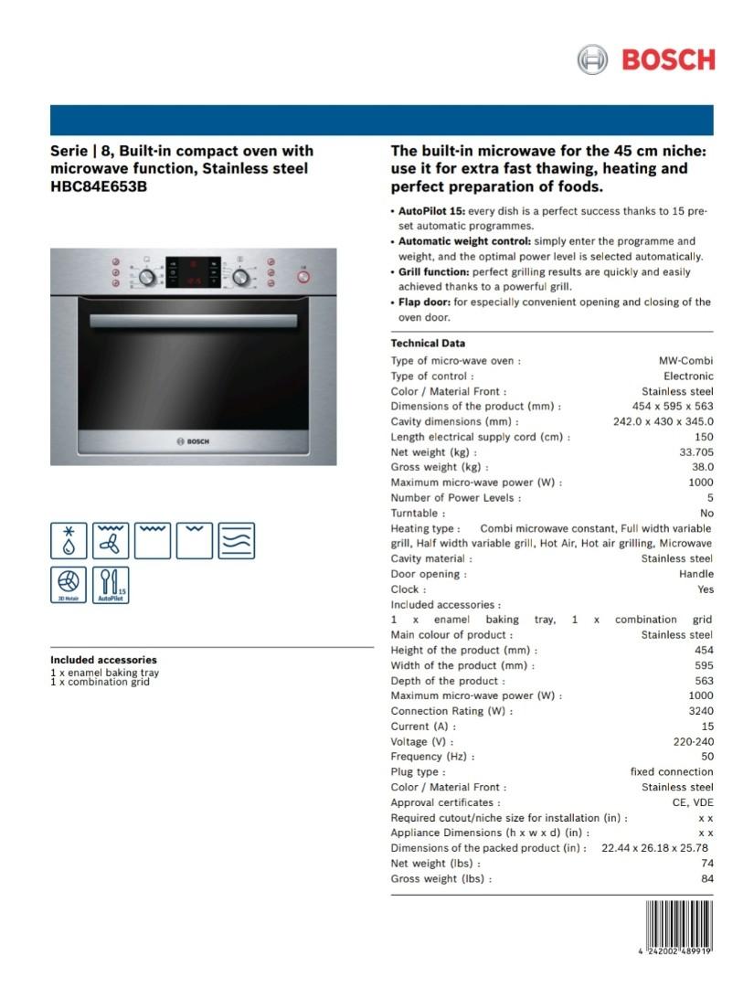 Bosch premium builtin compact oven with microwave function 60x45cm