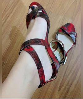 Excellent condition Authentic Jimmy Choo low heel wedge red and black ankle strap - 35 - fits 6 P2,500