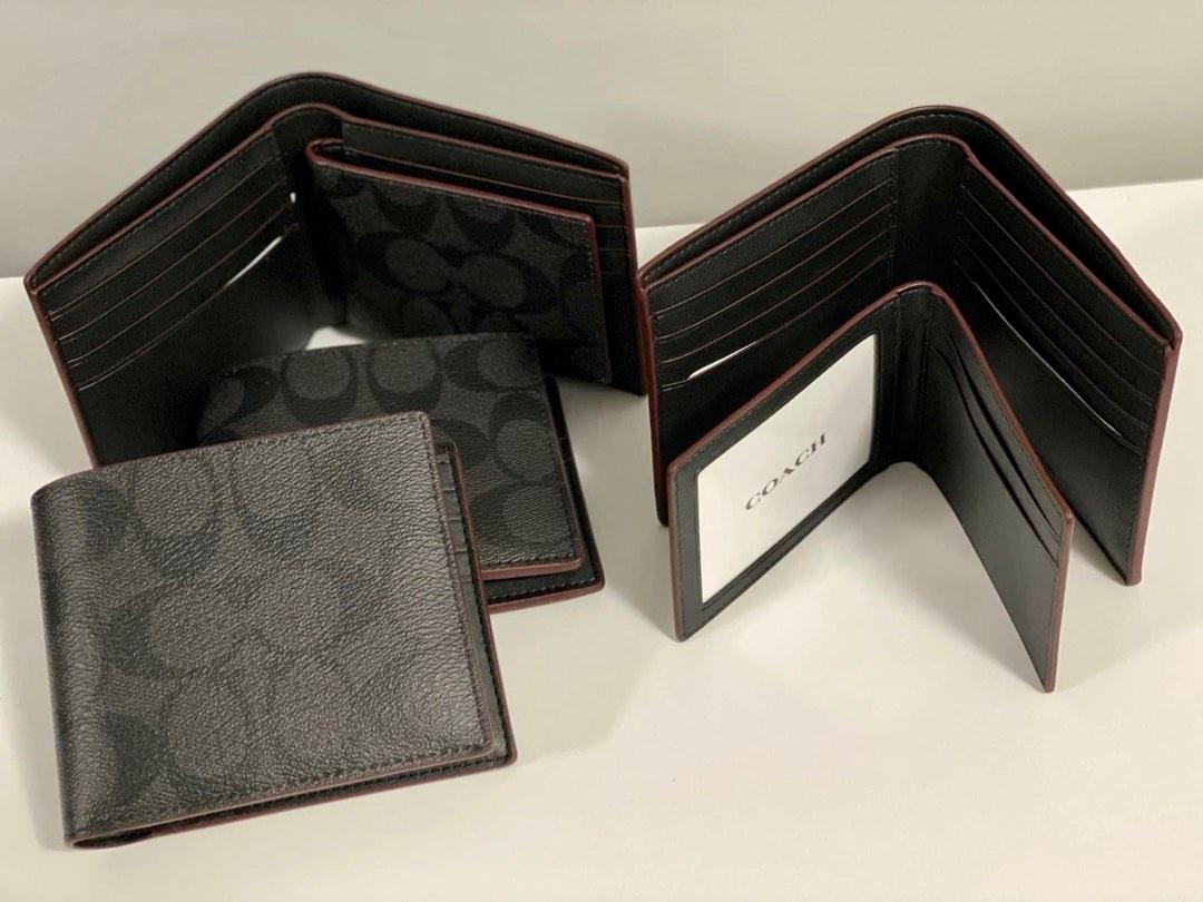 Coach Men s Wallet with insert in signature canvas Black with red lining Brown Multi Black