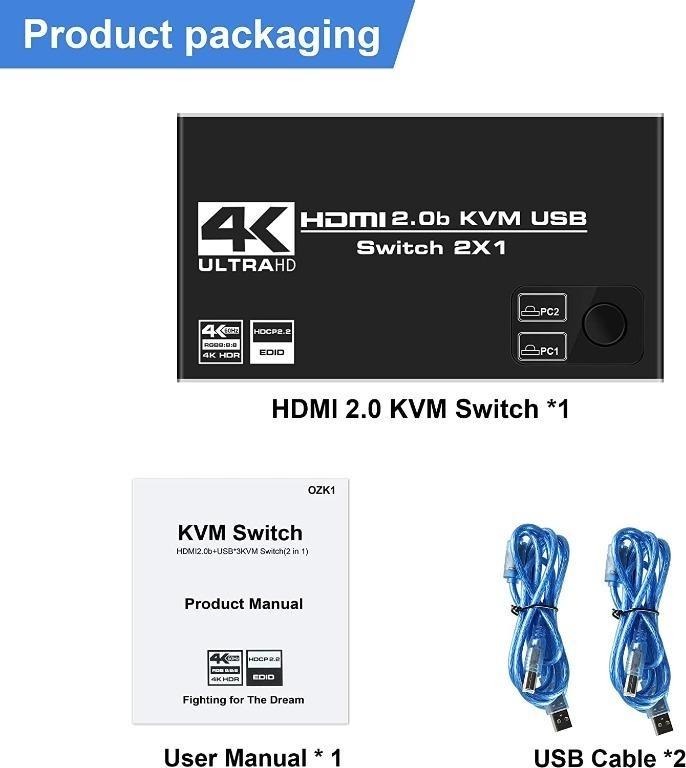 K33 4K60Hz HDMI KVM Switch, USB Switch 2x1 HDMI2.0 Ports + 3x USB KVM
