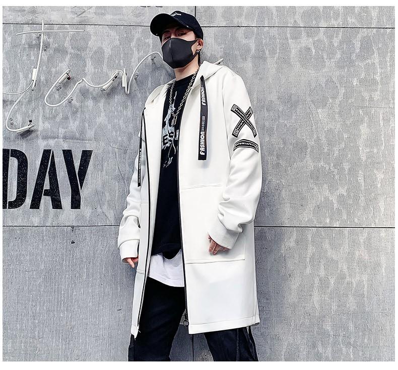 Men white black hooded trenchcoat windbreaker white black long
