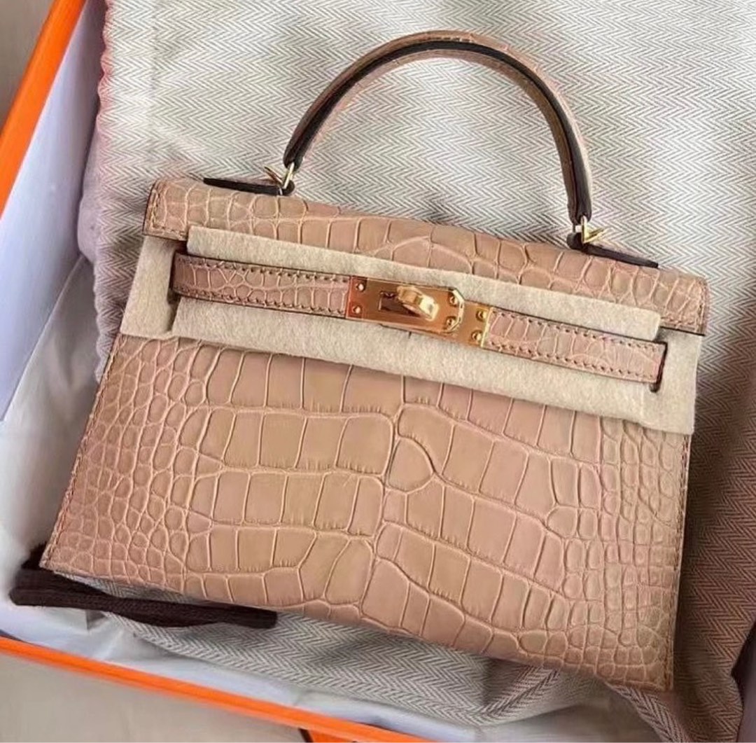 Hermes pink mini kelly croc K20, Luxury, Bags & Wallets on Carousell