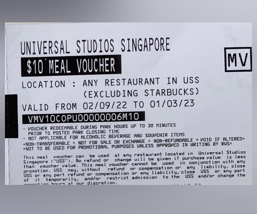Universal Studio food vouchers 10X10 for 75, Tickets & Vouchers, Local