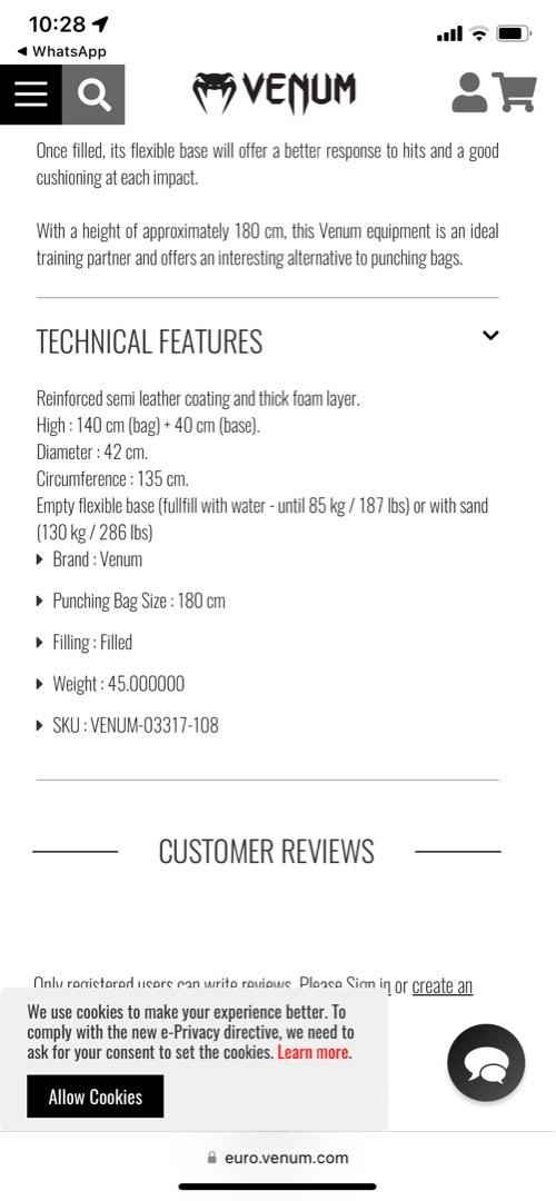 Venum free standing punching bag, Sports Equipment, Other Sports