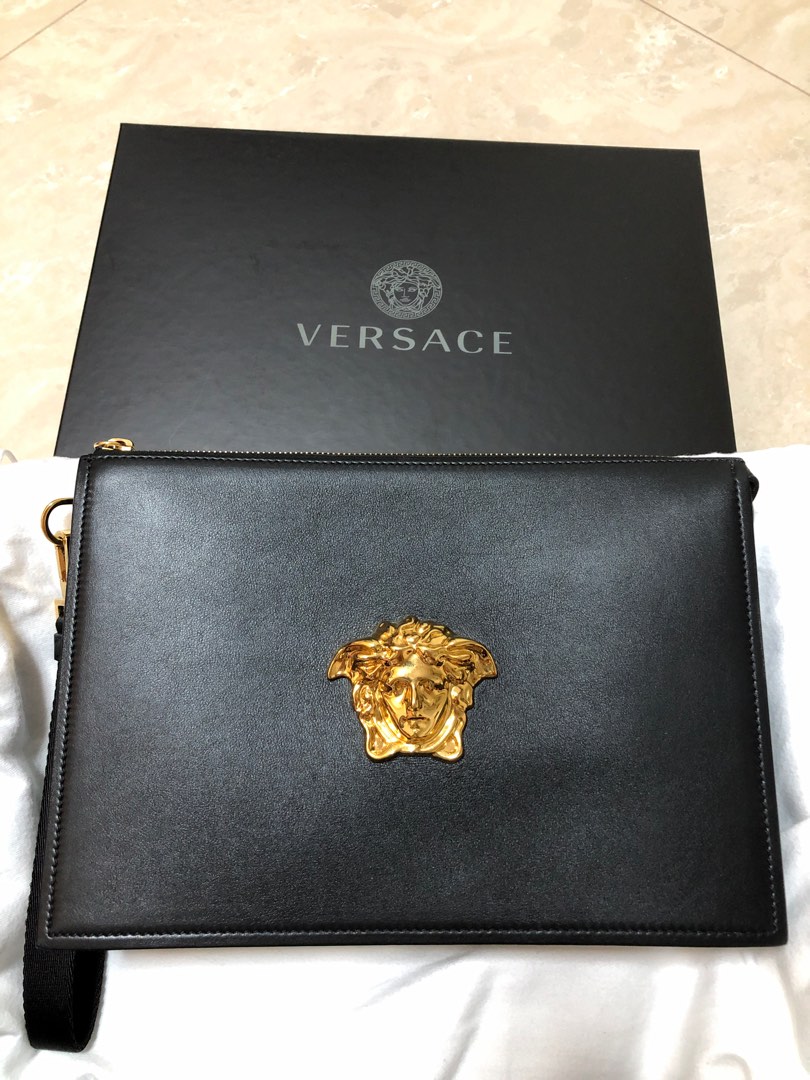 Versace Large Black Nylon Fabric Medusa Convertible Pouch Clutch Wristlet Bag
