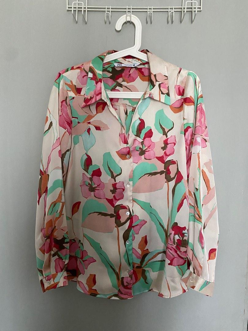 Zara Floral Satin Shirt, Women's Fashion, Tops, Blouses on Carousell