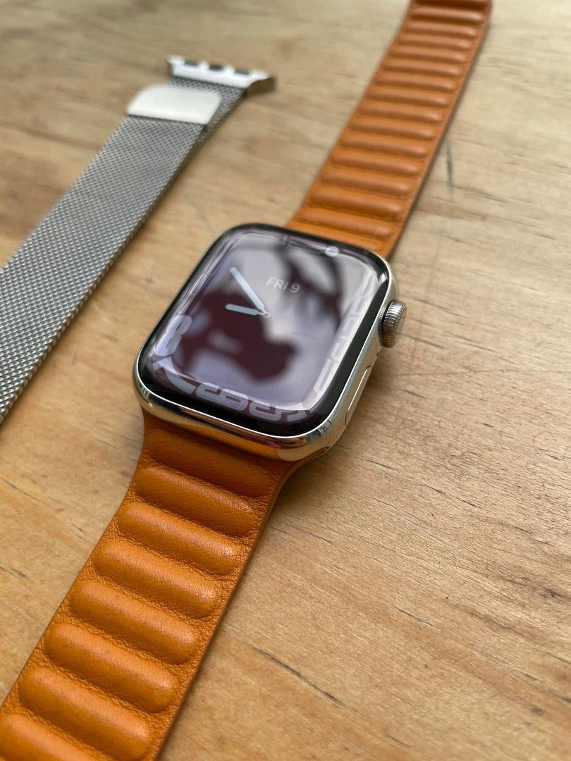 Apple watch gold stainless steel case with leather link sale