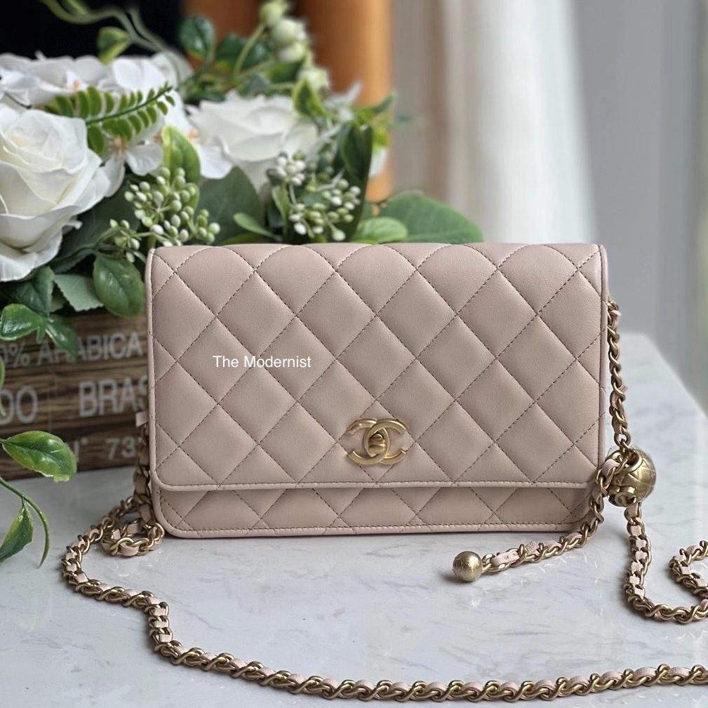 Authentic Chanel Gold Pearl Crush Beige Pink Wallet on Chain