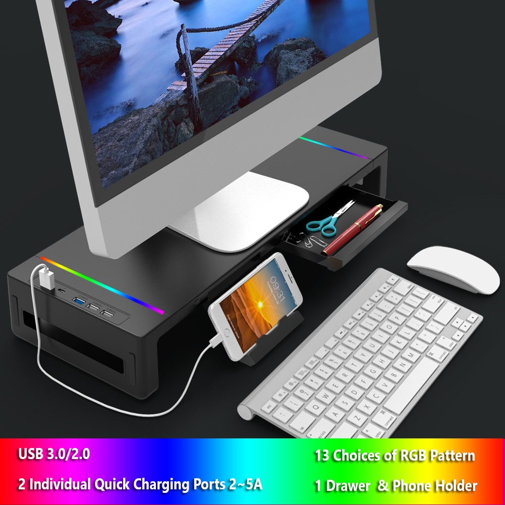 [iDS] USB 3.0 / 2.0 RGB Monitor Stand Riser + 4 Ports Foldable Computer ...