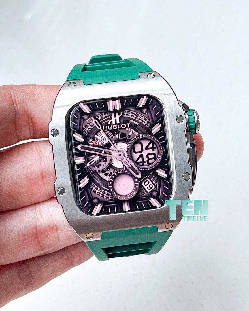 Premium Apple Watch RM Style Case in Full Silver Titanium Body for 44mm 45mm with Dark Green Strap