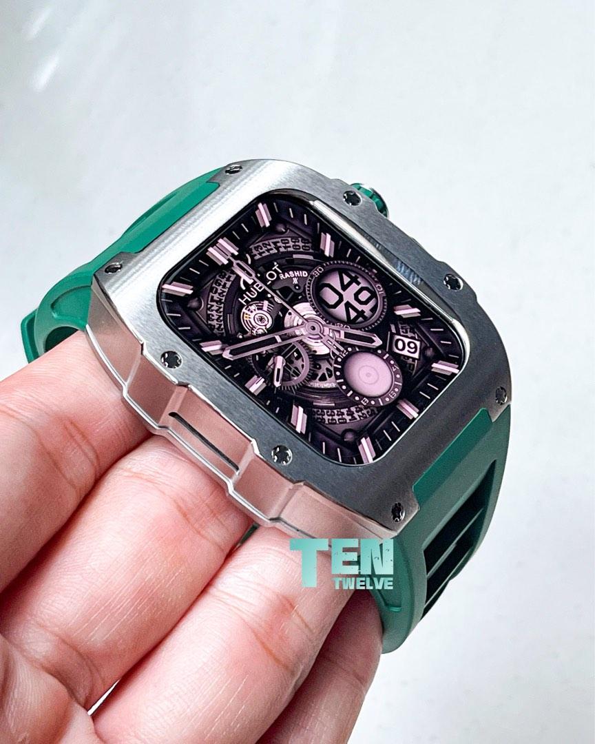 Premium Apple Watch RM Style Case in Full Silver Titanium Body for 44mm 45mm with Dark Green Strap
