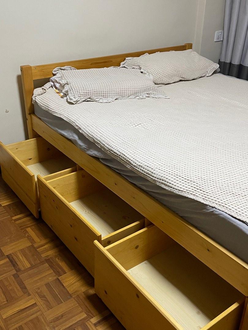 Queen size wooden bed frame with storage, Furniture & Home Living