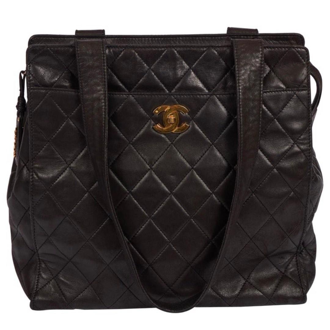 Vintage Chanel Black Lambskin Quilted Leather Tote Bag Luxury