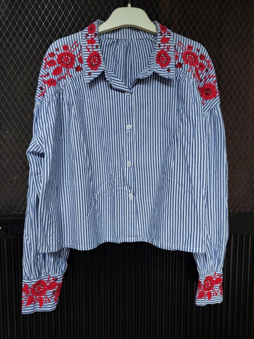 ZARA STRIPED FLORAL EMBROIDERED TOP, Women's Fashion, Tops, Longsleeves