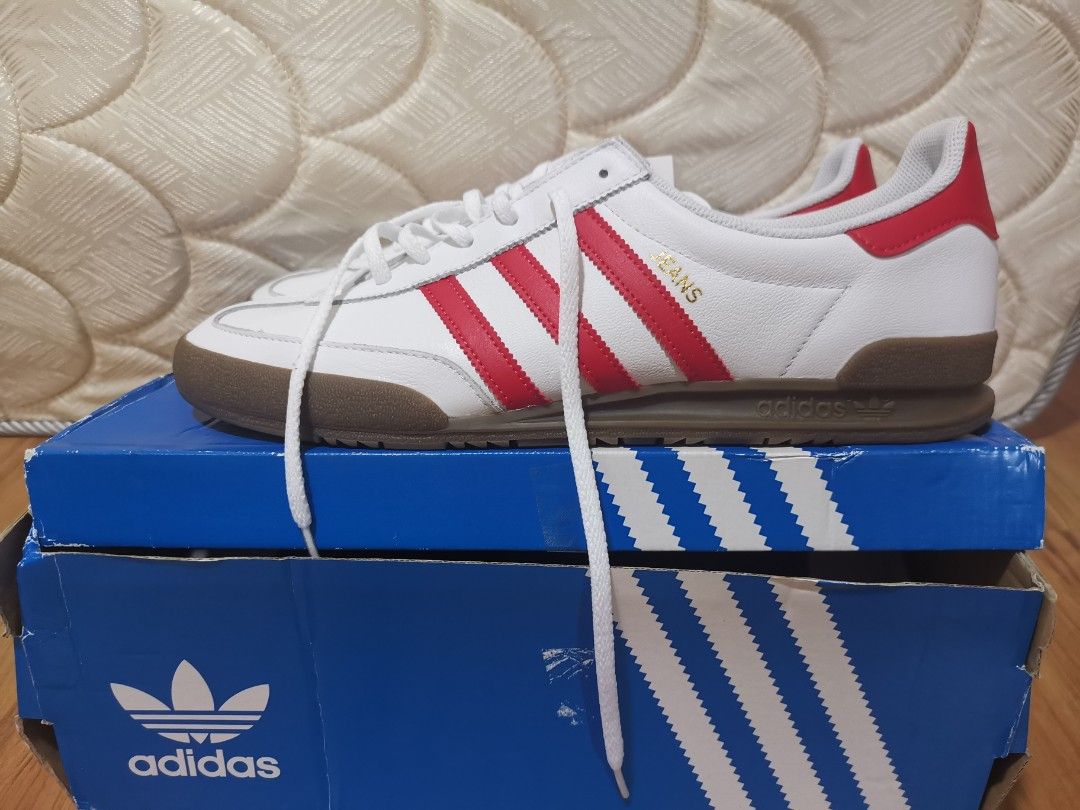 Adidas jeans trainers white on sale red