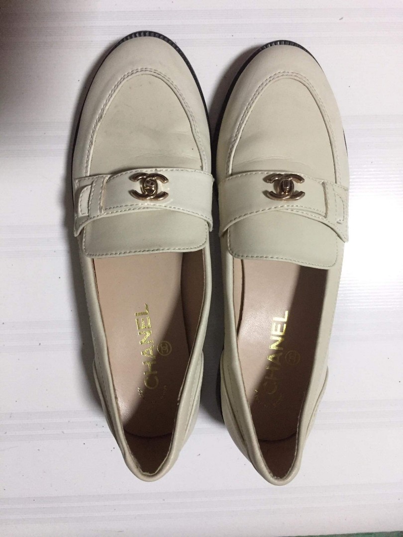 Chanel White Patent Leather Logo Chain Loafers Size 42 Chanel  TLC