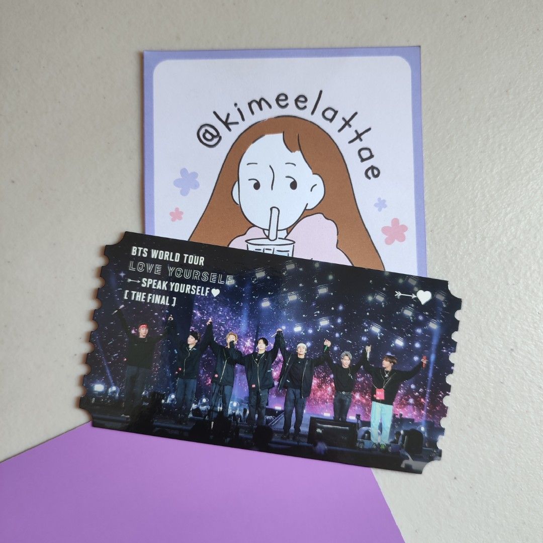 BTS Love Yourself: Speak Yourself Digital Code POB Group Photo Ticket (Category: Events Tickets) located in Davao. Submitted by kimeelattae (Listing ID 1206849730, Image 2). Description: with dents on upper left corner and lower right corner due to its paper frame (see 6th pic) — Price: ₱400 + LSF — DOP: after 3 days — Onhand in Davao City.