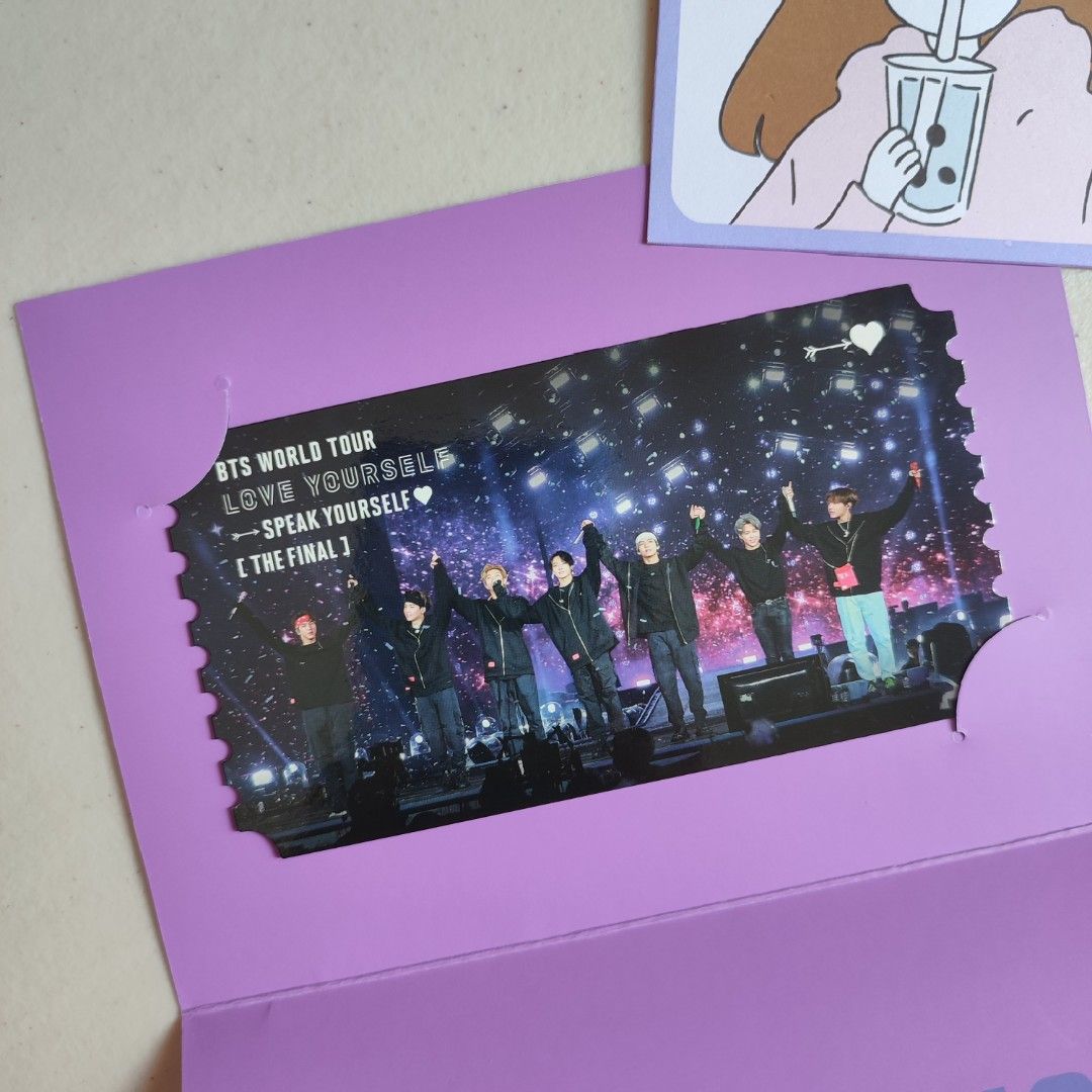 BTS Love Yourself: Speak Yourself Digital Code POB Group Photo Ticket (Category: Events Tickets) located in Davao. Submitted by kimeelattae (Listing ID 1206849730, Image 3). Description: with dents on upper left corner and lower right corner due to its paper frame (see 6th pic) — Price: ₱400 + LSF — DOP: after 3 days — Onhand in Davao City.