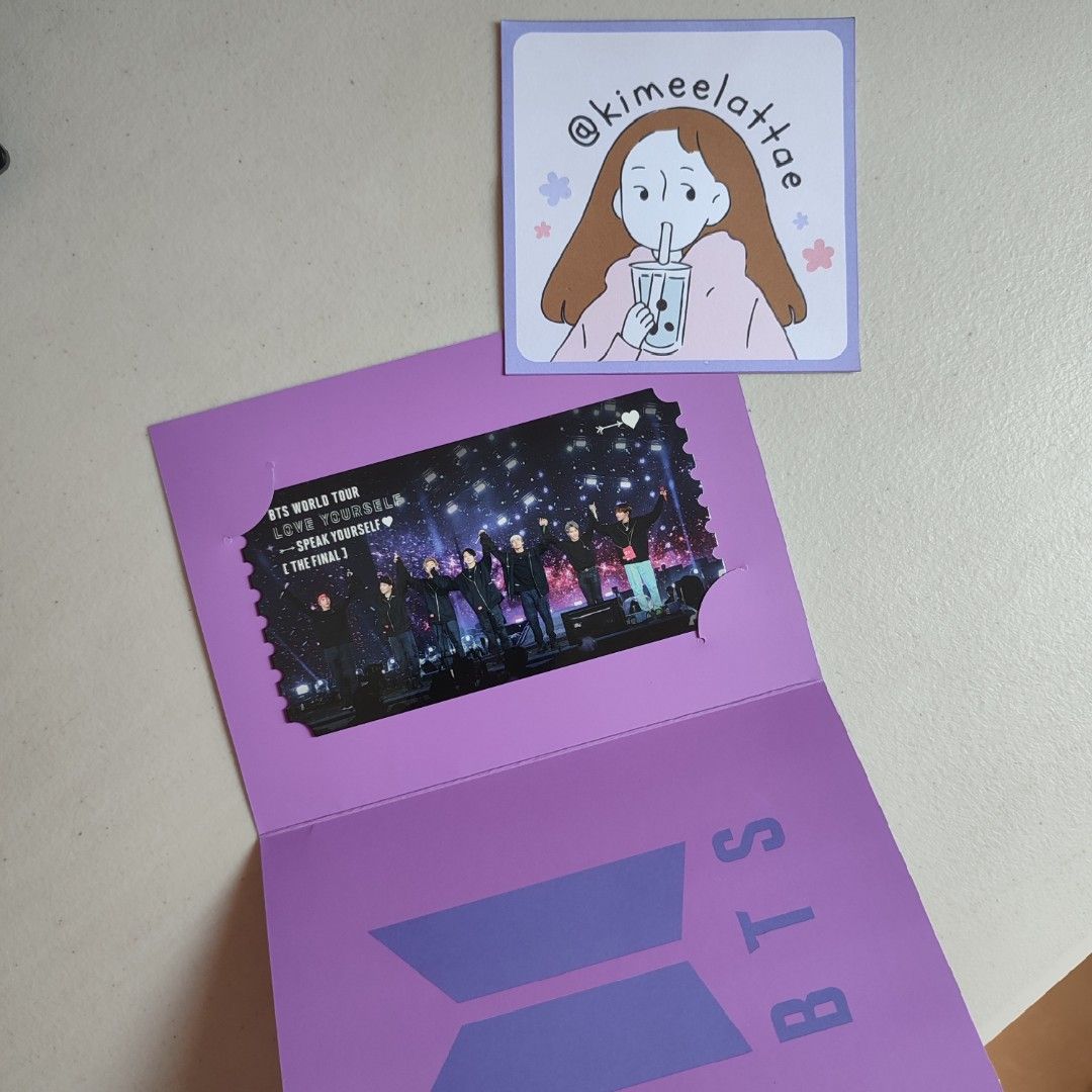 BTS Love Yourself: Speak Yourself Digital Code POB Group Photo Ticket (Category: Events Tickets) located in Davao. Submitted by kimeelattae (Listing ID 1206849730, Image 1). Description: with dents on upper left corner and lower right corner due to its paper frame (see 6th pic) — Price: ₱400 + LSF — DOP: after 3 days — Onhand in Davao City.