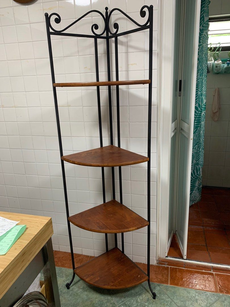 Corner wrought iron/wood shelf, Furniture & Home Living, Furniture