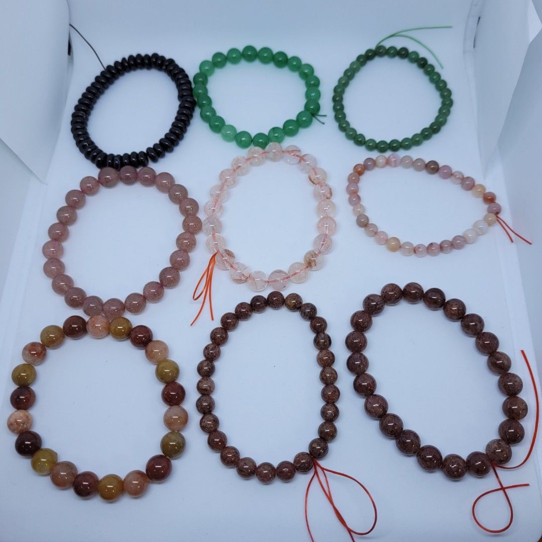 Crystal Bracelets black agate green chalcedony green aventurine strawberry quartz red Hematoid Natural Skeletal Crystal Golden Sunstone