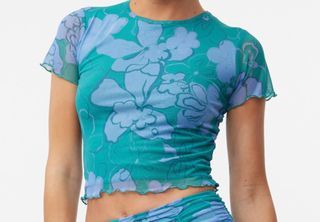 Glassons Recycled Polyester Floral Mesh Lettuce Hem Crop Top