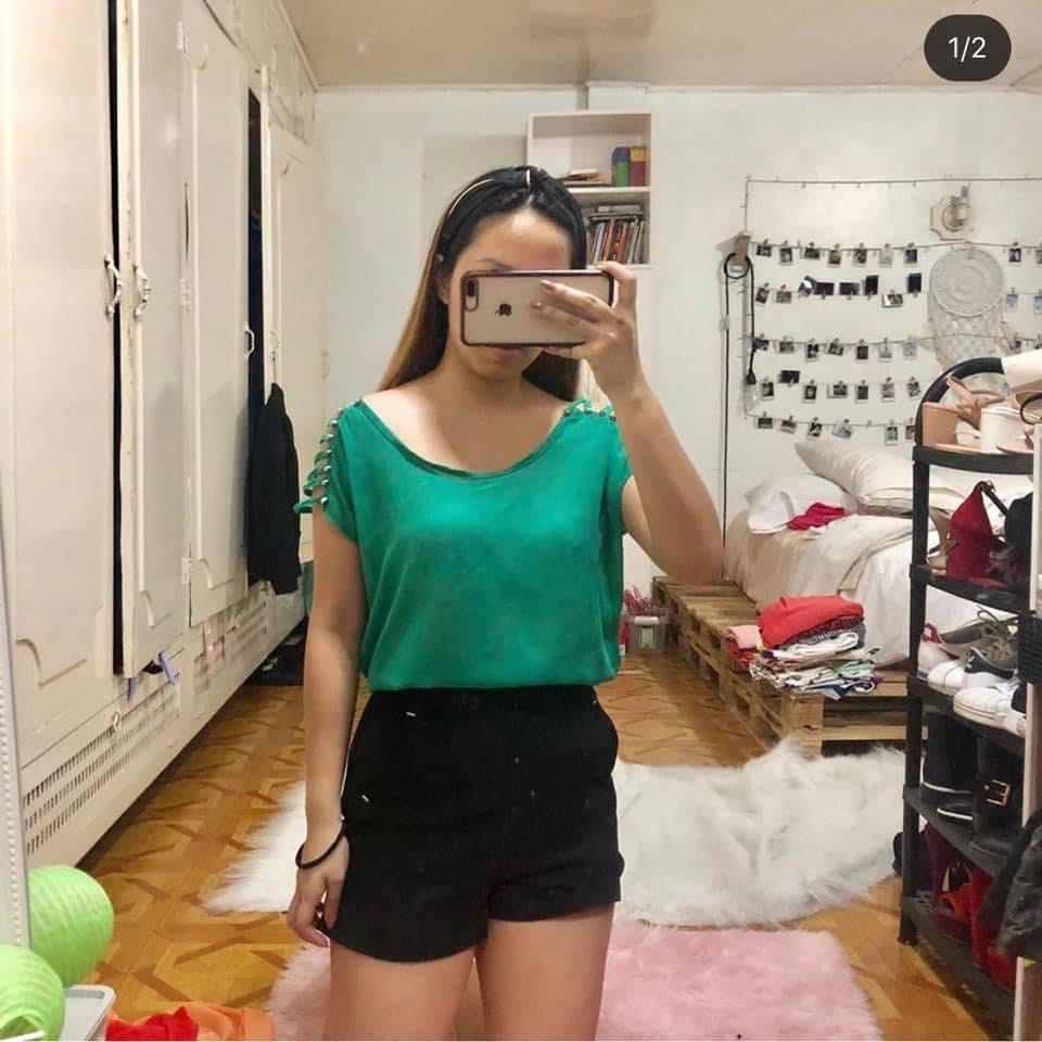 Women's Green Textured Sheer High Neck Top