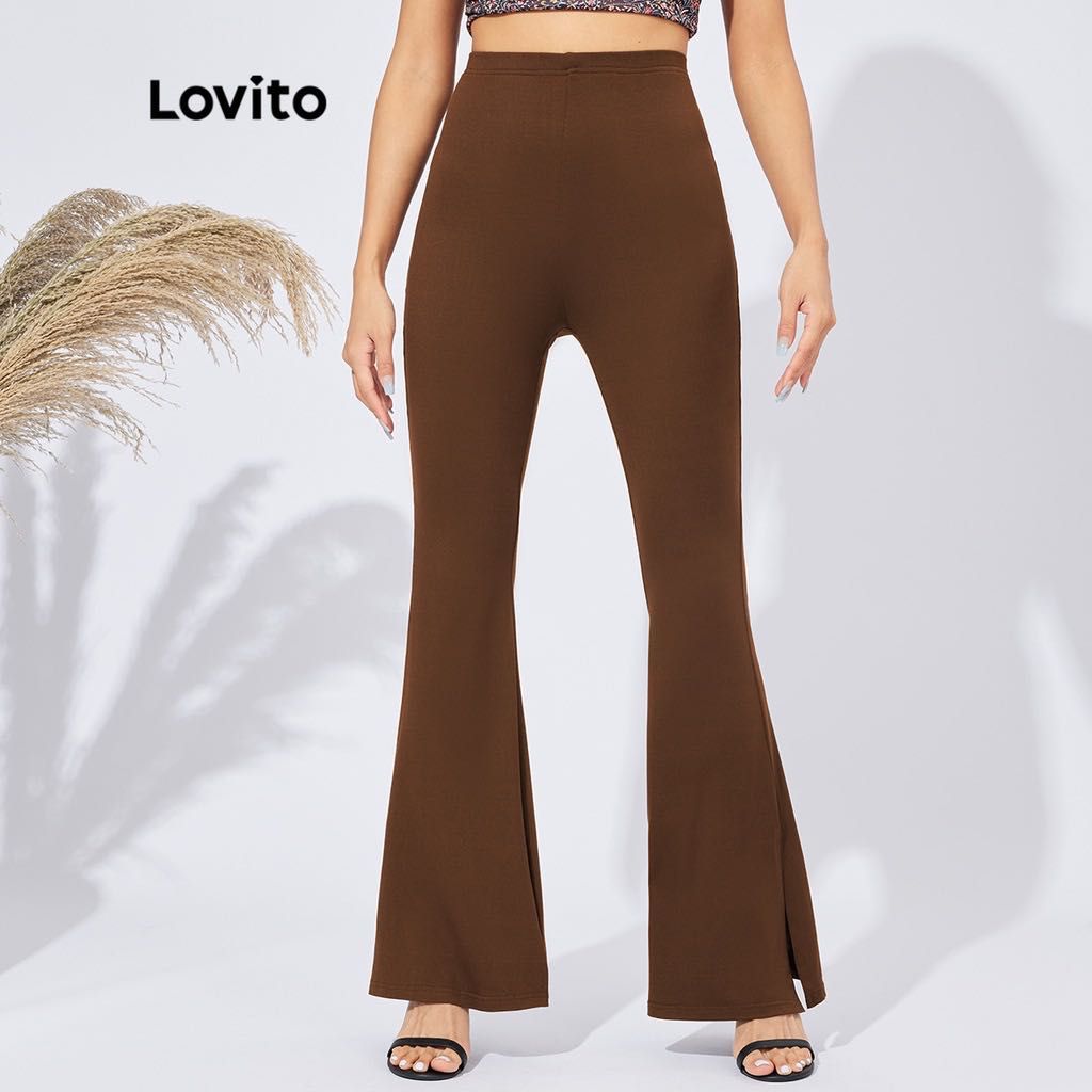 Lovito Trendy Casual Plain Split Elastic Waist Flare Pants