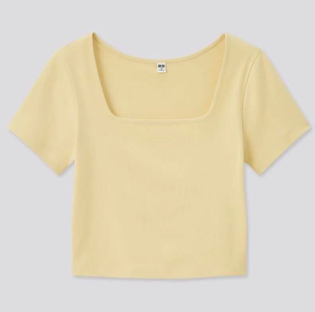 Pastel yellow square neck crop, Women's Fashion, Tops, Shirts on Carousell