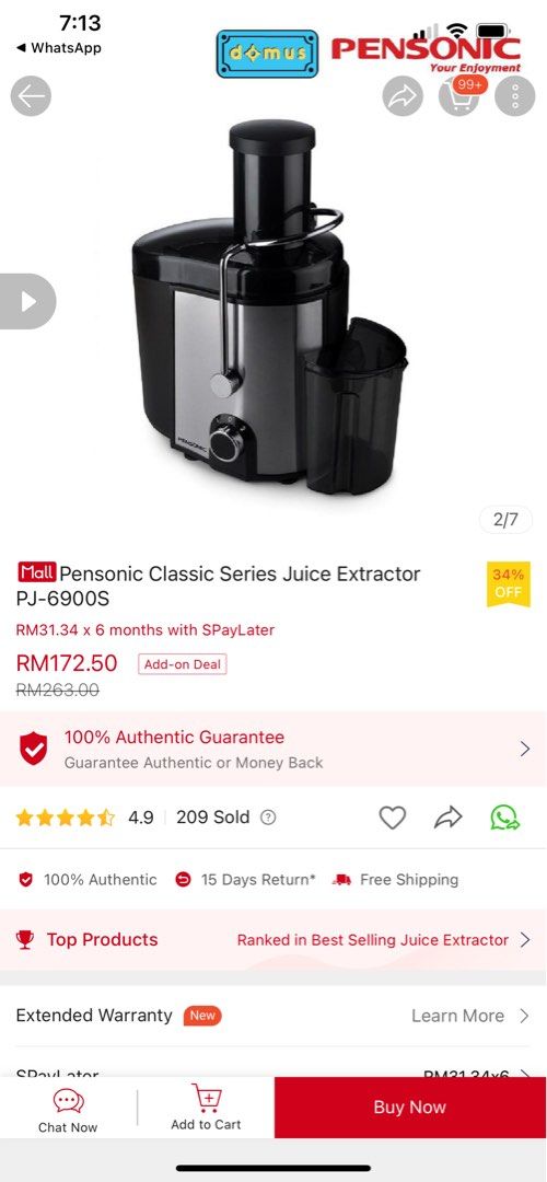 Pensonic Juice Extractor PJ6902S, TV & Home Appliances, Kitchen