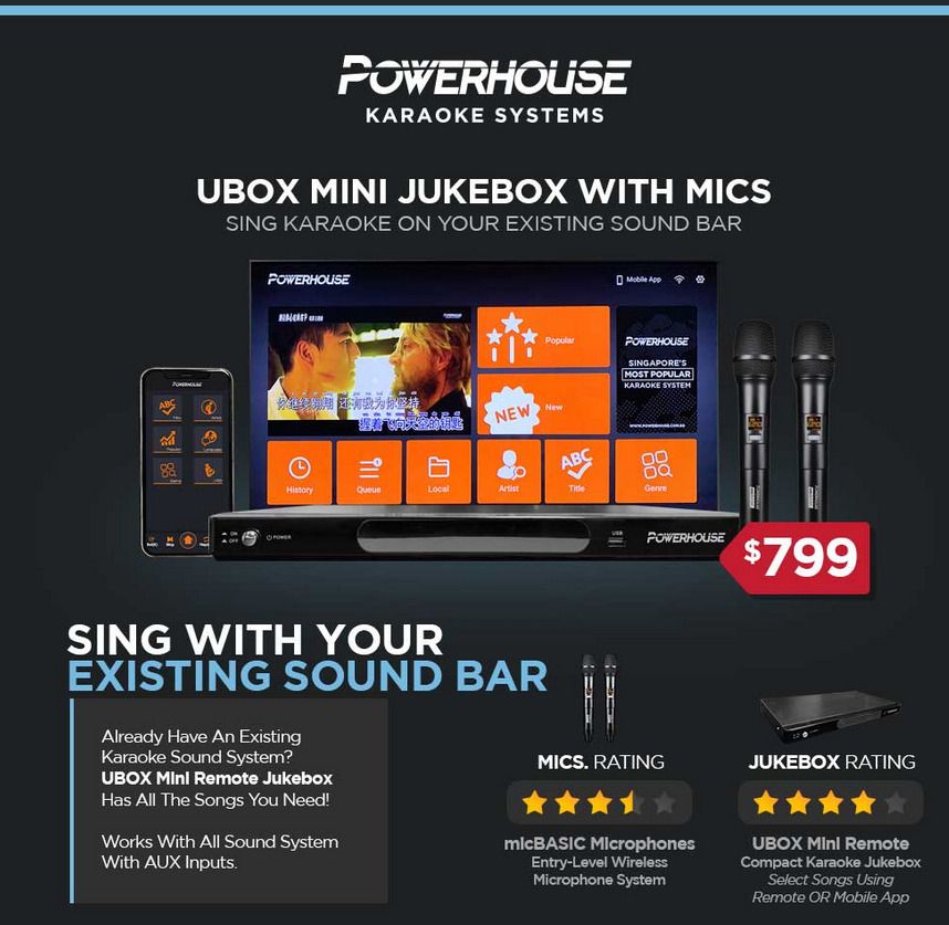 Powerhouse UBOX Mini Karaoke Box System (With Mics), TV & Home