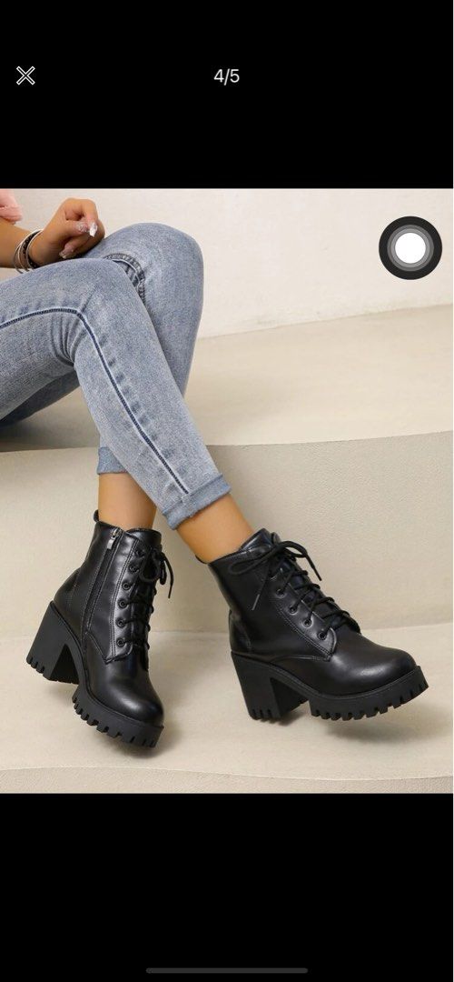 Zip Side Chunky Heeled Lace-Up Front Combat Boots, Women'S Fashion,  Footwear, Boots On Carousell