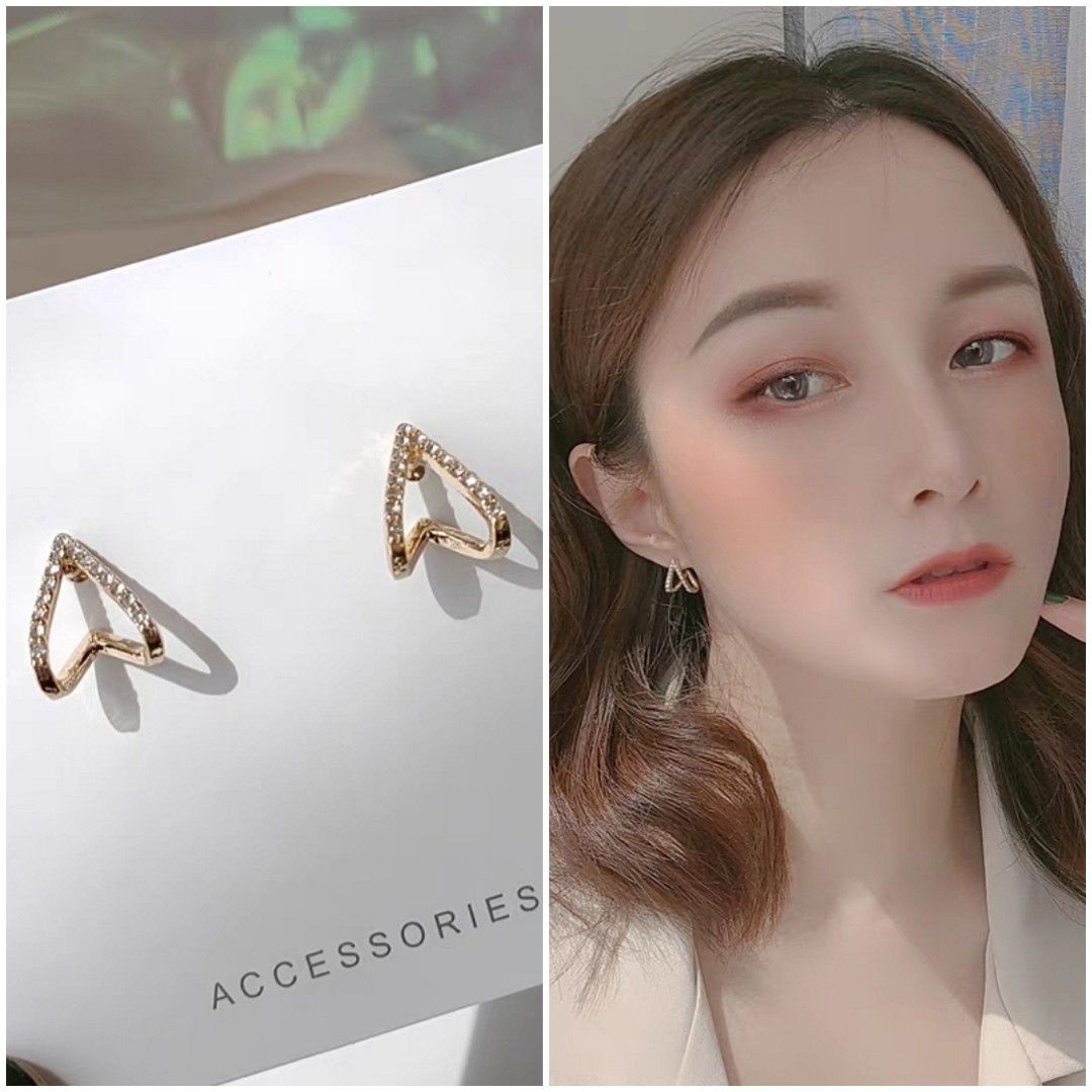2023 CNY 3D Illusion Heart Shape Diamond Crystal Short Stud Gold Earrings Feminine S925 Romantic Women Wife Girlfriend Gift Present Anniversary