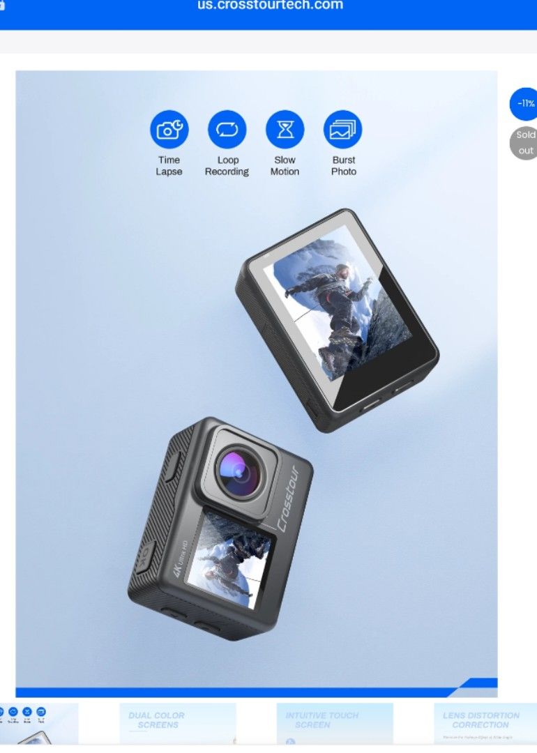Action Camera 4K, Crosstour Underwater Cam EIS WiFi Dual Screens Remote