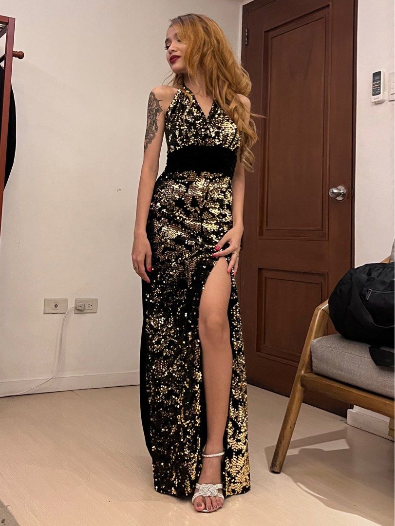 Black and Gold glitter gown Women s Fashion Dresses Sets
