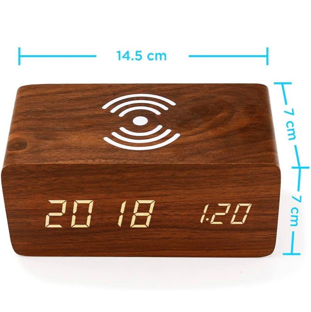 BNIB Wooden LED Clock with temperature and Wireless Charging, Furniture